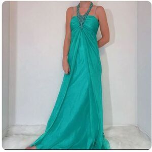 Vintage Y2K Mermaid Fairy Fantasy Cache Turquoise Beaded Halter Prom Gown 4‎